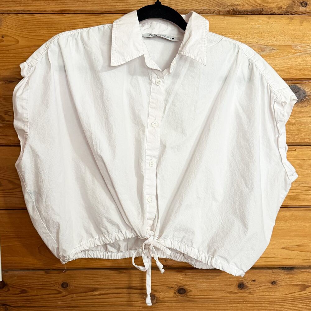 Zara White Cropped Button-Up Tie Front Top